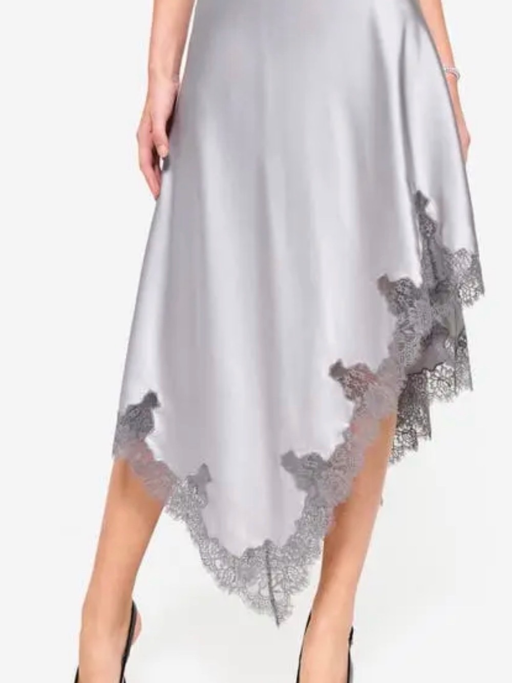 Cami NYC Silver Satin Asymmetrical Lace-Trim Skirt